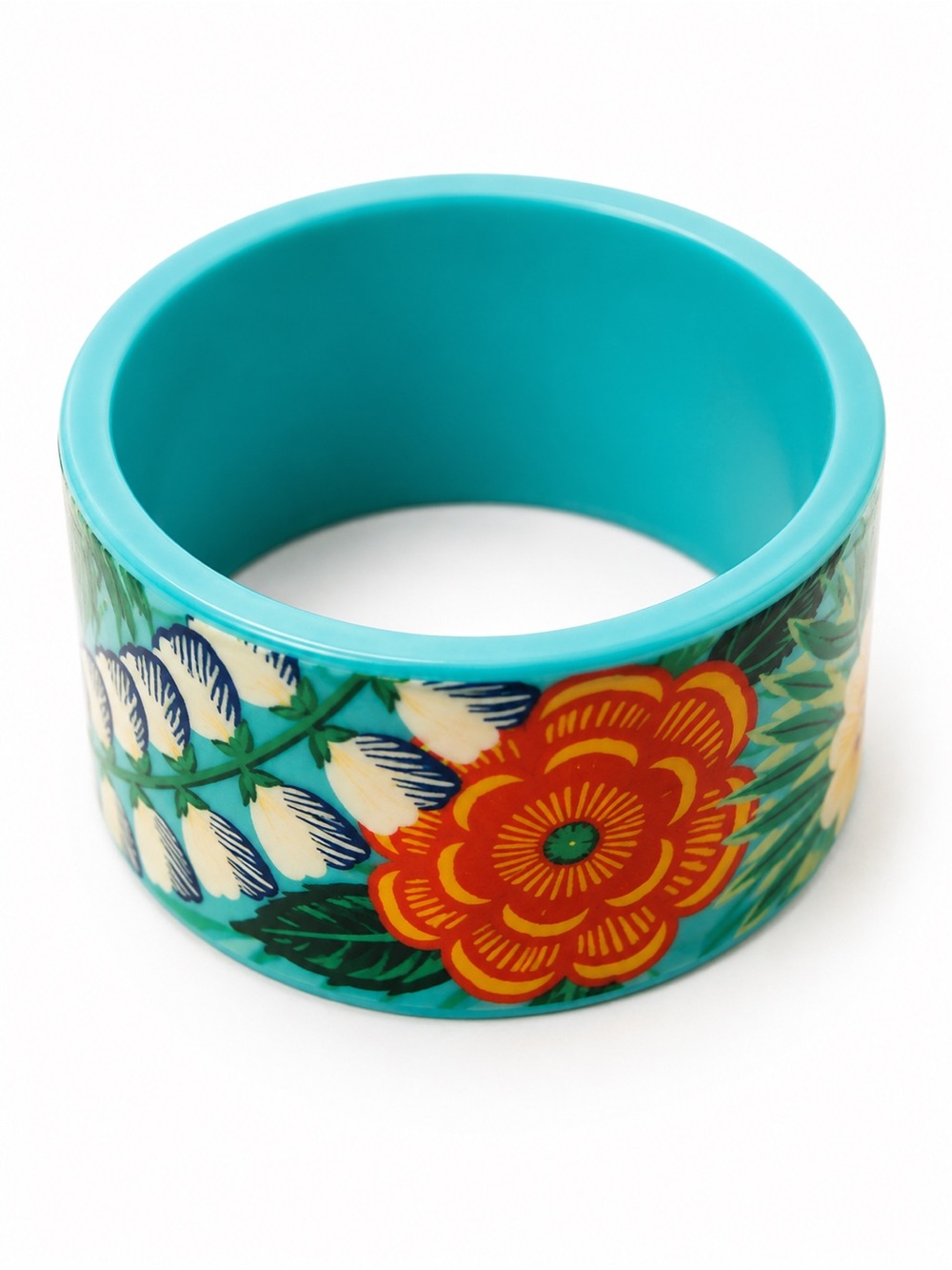 Vintage Floral Acrylic Bangle Bracelet – Wide Turquoise Cuff – Colorful Boho